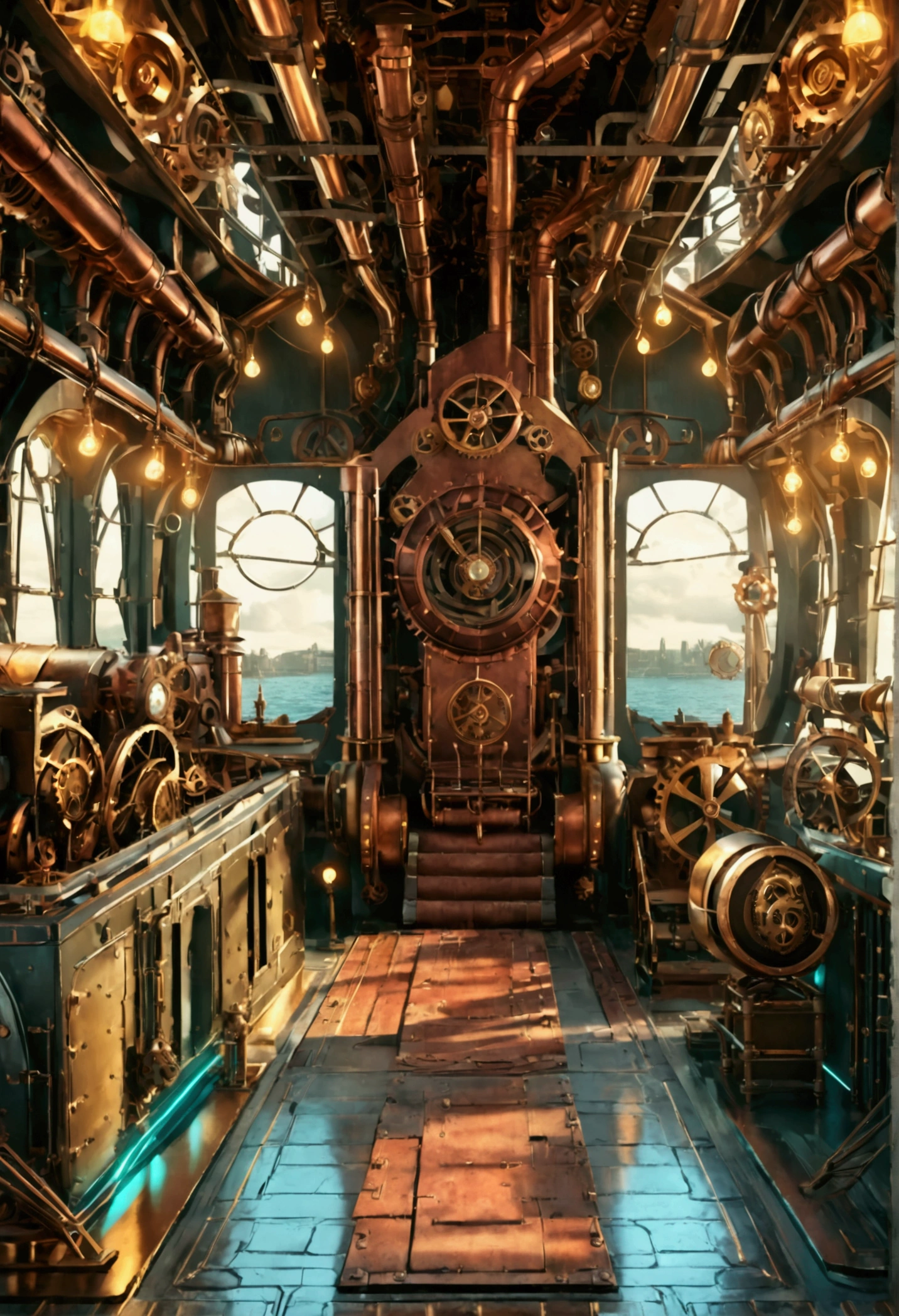 steampunk boat, time machine room, mechanical gears, brass pipes, copper accents, glowing lights, futuristic technology, intricate details, complex machinery, cogs and wheels, metallic textures, industrial aesthetic, retro-futuristic, muted color palette, dramatic lighting, moody atmosphere, cinematic composition, photorealistic, 8k, best quality