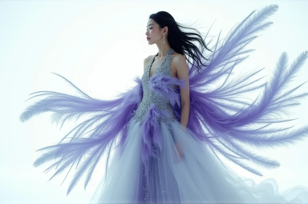 fashion editorial photography, medium shot of an asian model wearing futuristic dress made out of feathers and crystals,The clothes are made of strands of silk, interwoven in silver, purple, and blue, fluttering in the wind against a white, clean, and technological background.,vogue style photo by Annie Leibovitz