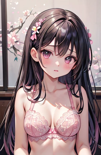 ((Highest quality)),(超High resolution),(Very detailed),(Detailed Description),((The best CG)),(A masterpiece of art),Ultra-detailed art,Amazing painting art,(Art with precise detail:1.5), Portraiture:1.6,Bust Shot:1.4,(1 female:1.5),Beautiful and well-proportioned face:1.5,(Pink lace bra with flowers on the chest:1.5)、 Japanese、girl,thin、Small face、Brown eyes、expensive、 High resolution,Black Hair、Long Hair、classroom、Black long skirt、17 years old、Sitting at a desk、mature,Large Breasts