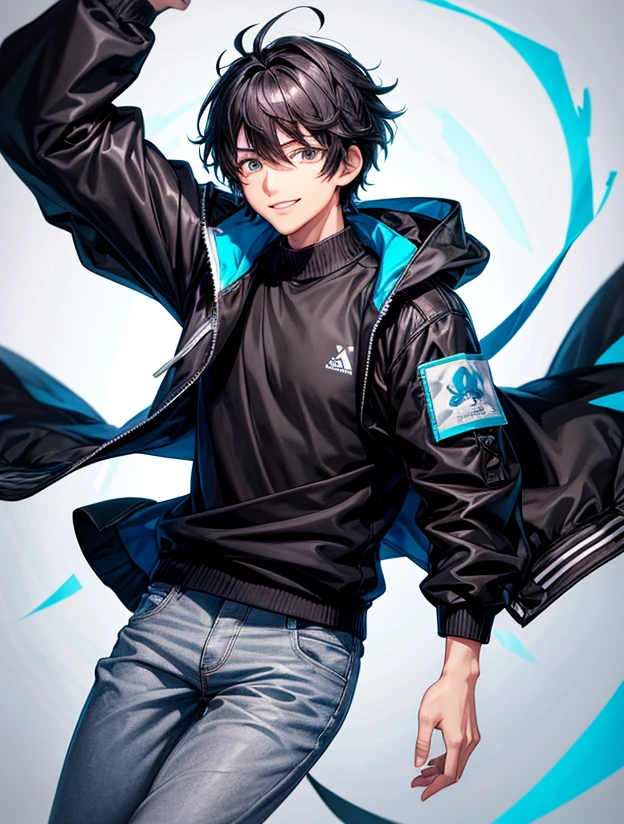 High quality, amount of drawing, pixiv illustration, wind breaker jacket, black jacket, Beautiful anime manhwa man, he is 19, Black hair, Short hair, fabric, hologram article,aurora seat jacket, light gray jeans, Decisive Pose, White background, A refreshing smile