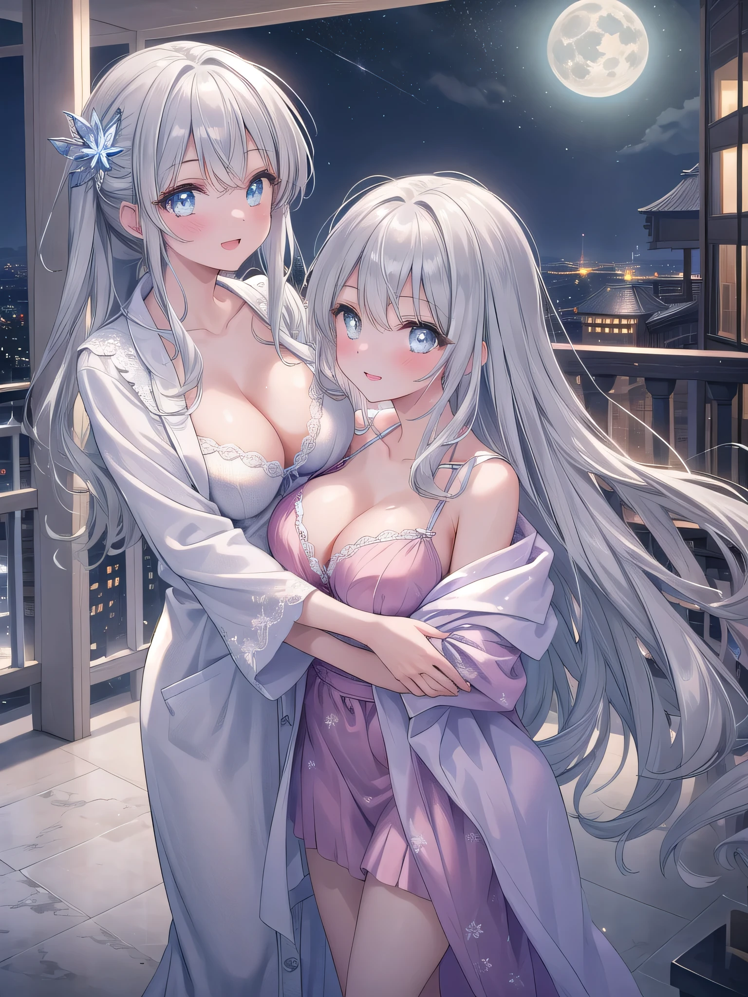 (8K, Highest Quality, Masterpiece:1.3)), Ultra High Resolution, (2 girls, duo), (Color changing eyes, Highly detailed, Expressive glow, Sparkling eyes), Highly detailed eyes, Highly detailed face, Random hair, (Silver grey color), (Satin, colorful bathrobe:1.1), (Ecstatic expression:1.3), (Cleavage), Face to face hugging, Front angle, Good view of cleavage, Bathrobe open to reveal bra, (Gripping breasts), (Luxury hotel balcony, Night view:1.1), Fantastic moonlight