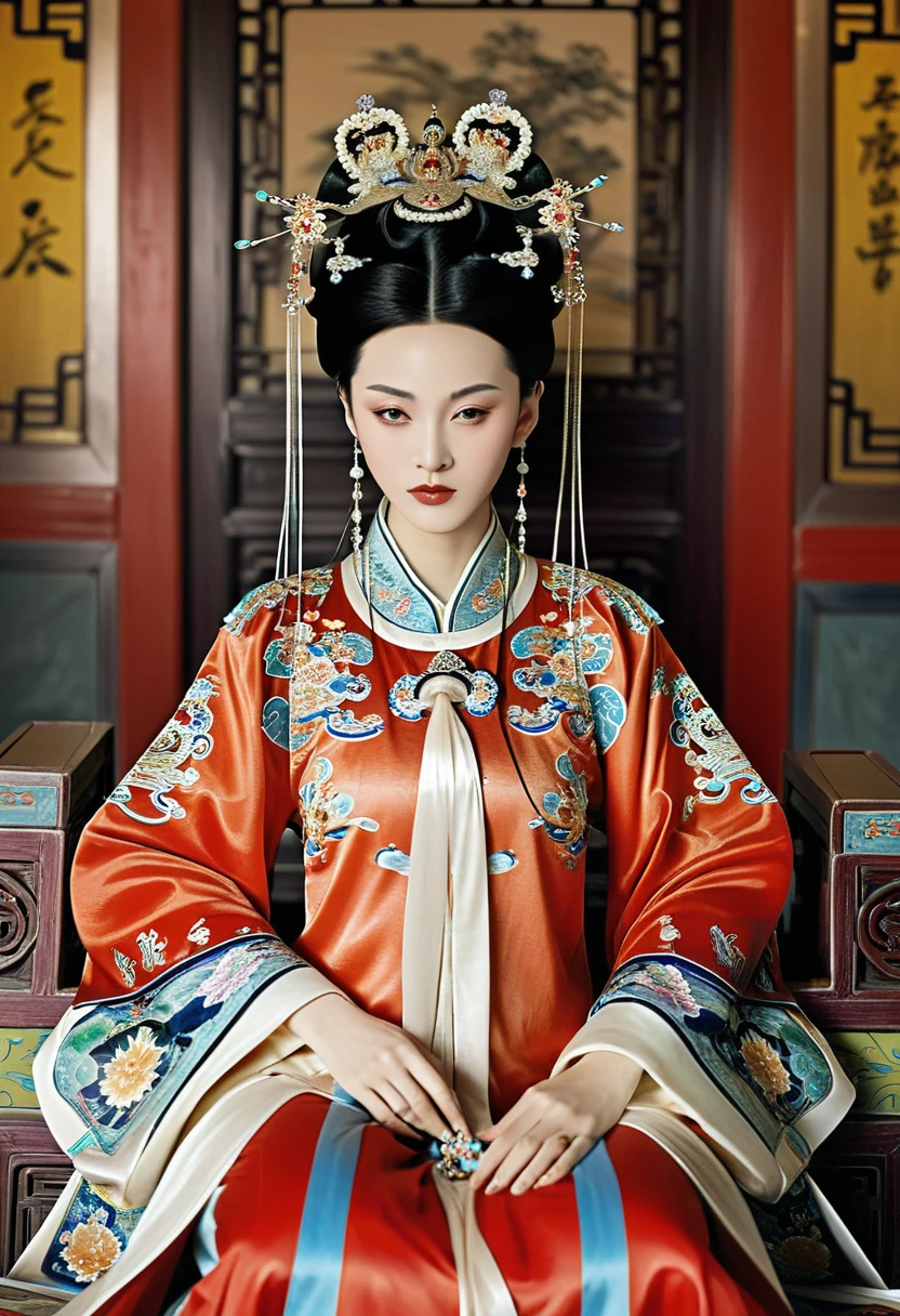 Luxurious Empress of the Chinese Court in the Qing Dynasty The background of this perverted and erotic woman wearing a crown and tying her hair in a knot on both sides (pornographic pose) in a luxurious Chinese court of the Qing Dynasty is the Empress of the Chinese Court in the Qing Dynasty. The setting is a luxurious room.