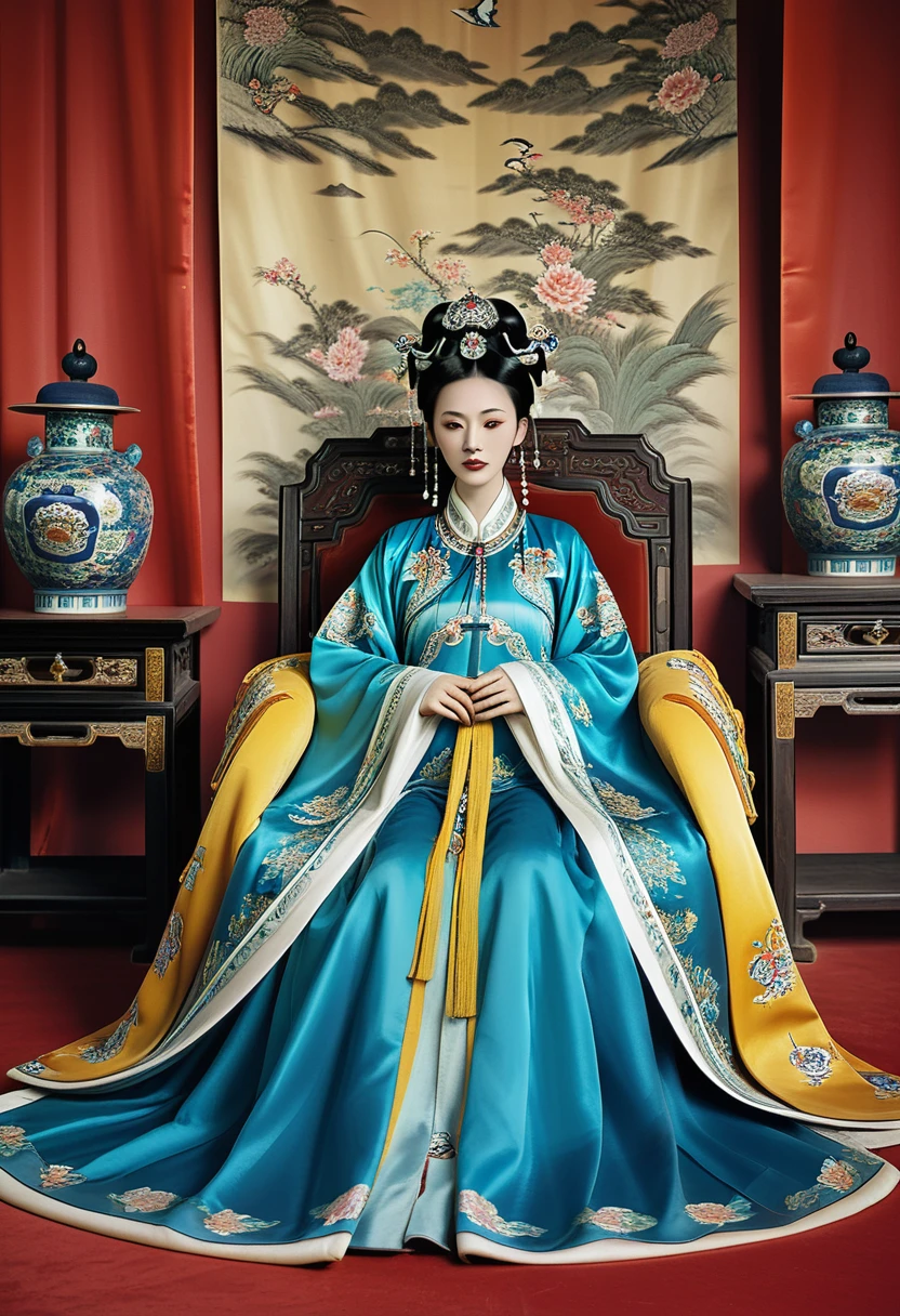 Luxurious Empress of the Chinese Court in the Qing Dynasty The background of this perverted and erotic woman wearing a crown and tying her hair in a knot on both sides (pornographic pose) in a luxurious Chinese court of the Qing Dynasty is the Empress of the Chinese Court in the Qing Dynasty. The setting is a luxurious room.