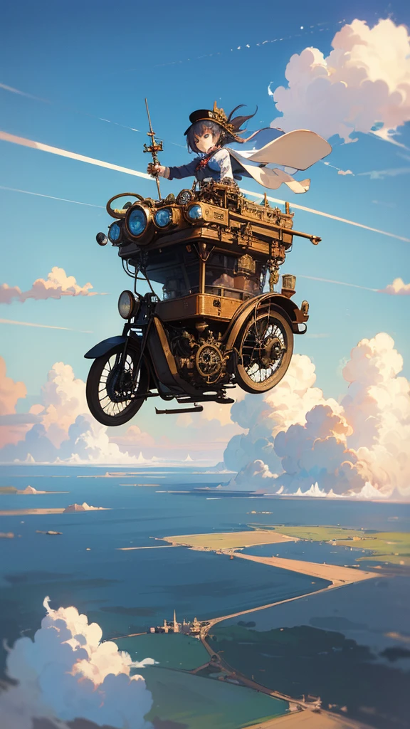 steampunk。masterpiece。Highest quality。Excessive detail。Blue sky and white clouds。(aerial photograph)。Floating Island々。Near and far in the air。(One Girl)。(steampunk風の日本の女子高生)。(Flying on a classic bike)。