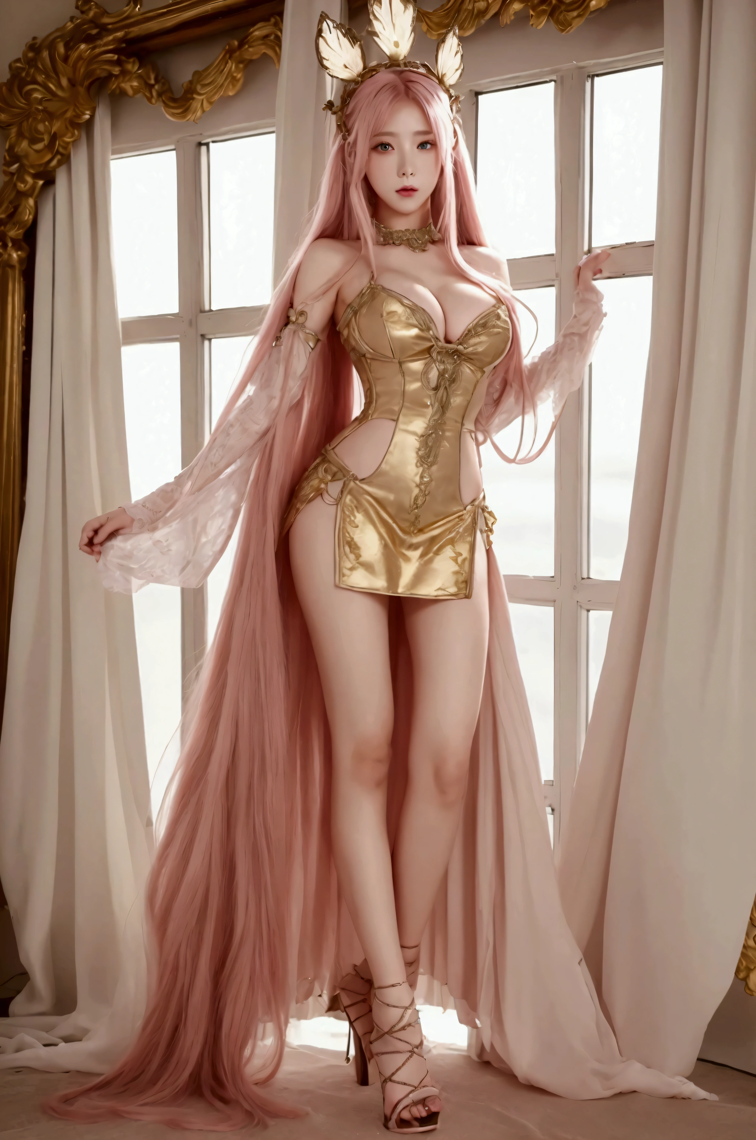 Very detailed,(Beautiful pink hair, Beautiful eyes, Long Hair, )、Hair swaying in the wind、Full Body、Natural pose、One Woman、Well-formed face、Beautiful Face、Perfectly detailed face,Great hands,Best image quality、RAW Photos、Ultra-high resolution、20-year-old,slender、Cleavage、masterpiece, Highest quality, 1 girl, sexy,Victorian style, luxurious headdress,Gorgeous evening dresses,High heels、European-style gold-framed windows、sexyな顔、Embarrassed face、beautiful eyes、detailed、from below、