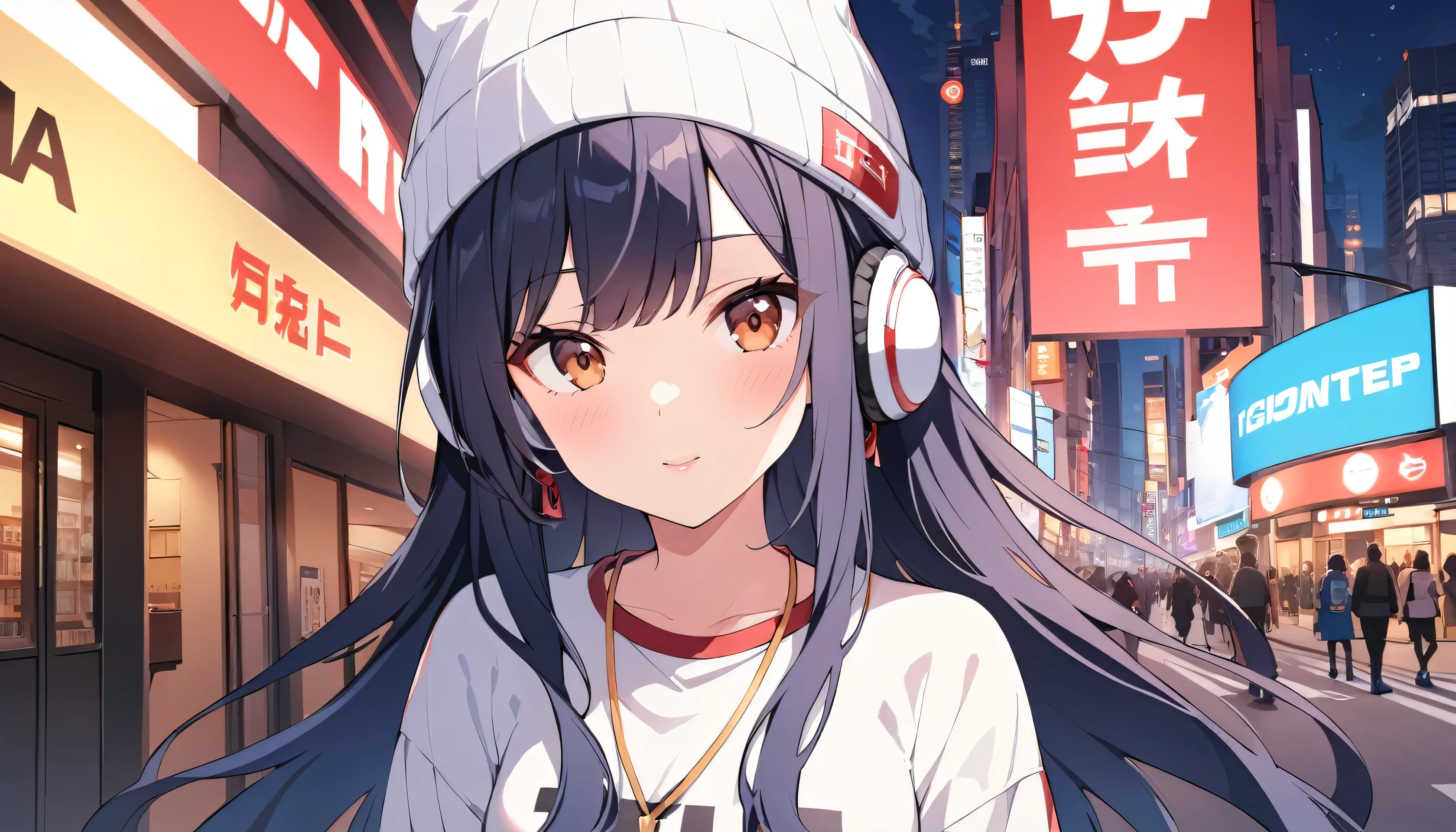 1gIrl, alone, long haIr, black haIr, wrItten clothes, Brown eyes, lookIng at the vIewer, beanIe, lIps, Upper Body, Mouth closed, shIrt, earrIngs, https://I.postImg.CC/tCDfNDvp/Screenshot - 20230606-212445.png、Headphones、City of night