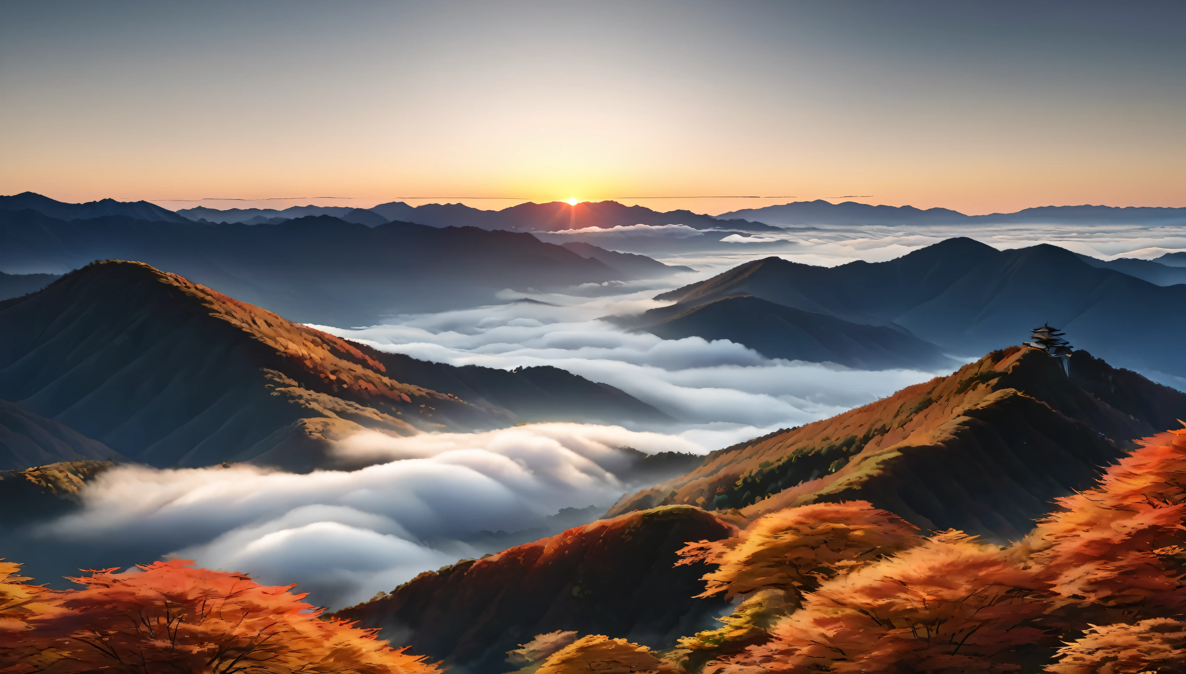 Japanese countryside, Valley, autumn, sunny, sea of clouds,morning, (Highest quality,4K,8k,High resolution,masterpiece:1.2),Very detailed,(Realistic,photoRealistic,photo-Realistic:1.37),High resolution,超High resolution,Studio Lighting,Vibrant colors,Professional