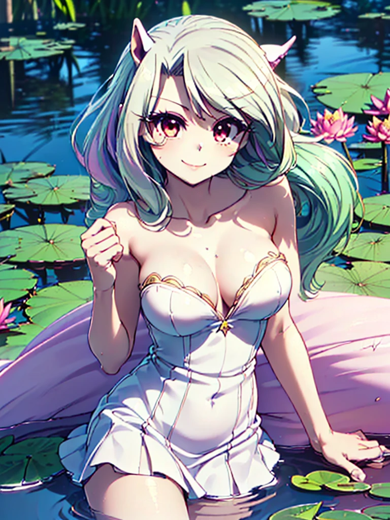 great quality ++ Extremely detailed high resolutionolution, very aesthetic, expressive eyes, (((perfect face))), (((face symmetrical))), ((good anatomy)), (((perfect hands))), (((8k))), UHD, HD wallpaper, (((detailed high cal, (((((1girl)))))), only, masterpiece, The best quality, high resolution, Highly detailed, (illustration), beautiful detailed eyes, (((combatant))), (((1girl))), ((((Whole body)))), (((((((Illyasviel von Einzbern)))))), (((((princess celestia)))), ((((human form)))), (((((smile))))), ((humanized princess celestia)), Celestia, Celestia de My Little Poni, Celestia in form, long wavy hair, (((red eyes))), (((strapless tube dress))), (((white dress))), (((milfion))), (((mature f)), (((gigantic breasts))), ((pony ears))), (((Detailed fingers))), Precise fingers, Not unnatural hands, strange eye, Greek columns, exterior, beautiful majestic forest, vine leaves surrounding the columns, flower bushes everywhere, clear sky, bright sunny day, water lilies, heavenly forest,