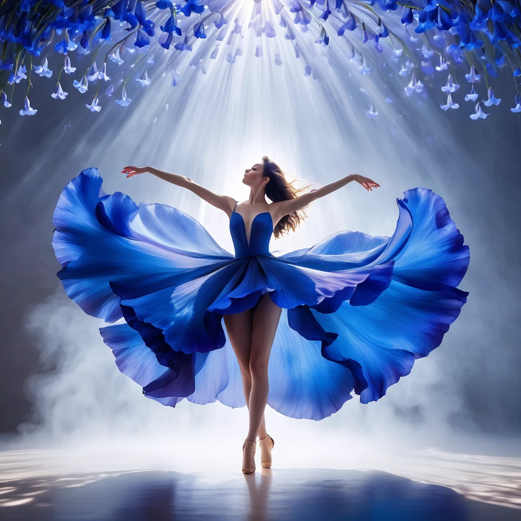  
full length, graceful figure, Beautiful legs, dance pose, brunette, Beautiful face,  light white tones, Esbian Full Body, White background, daylight, Efeito de Luz, minimalist, Solar, pure tenderness, soft lighting, Realism, woman, which (collarbone, shoulders) posing with his back (prays and stands) on a super-giant petal of a dark blue iris flower with double and long petals (petals made of thin, soft gauze cloth, full background of many flowing transparent blue petals, floating flower, in her hand there is a long stem above her head, huge giant blue iris flower, over her head,  Smoke effect, fog, mixed with blue iris petals), fluffy skirt made of blue iris flower petals,, ((ss-through)). ReV Animated