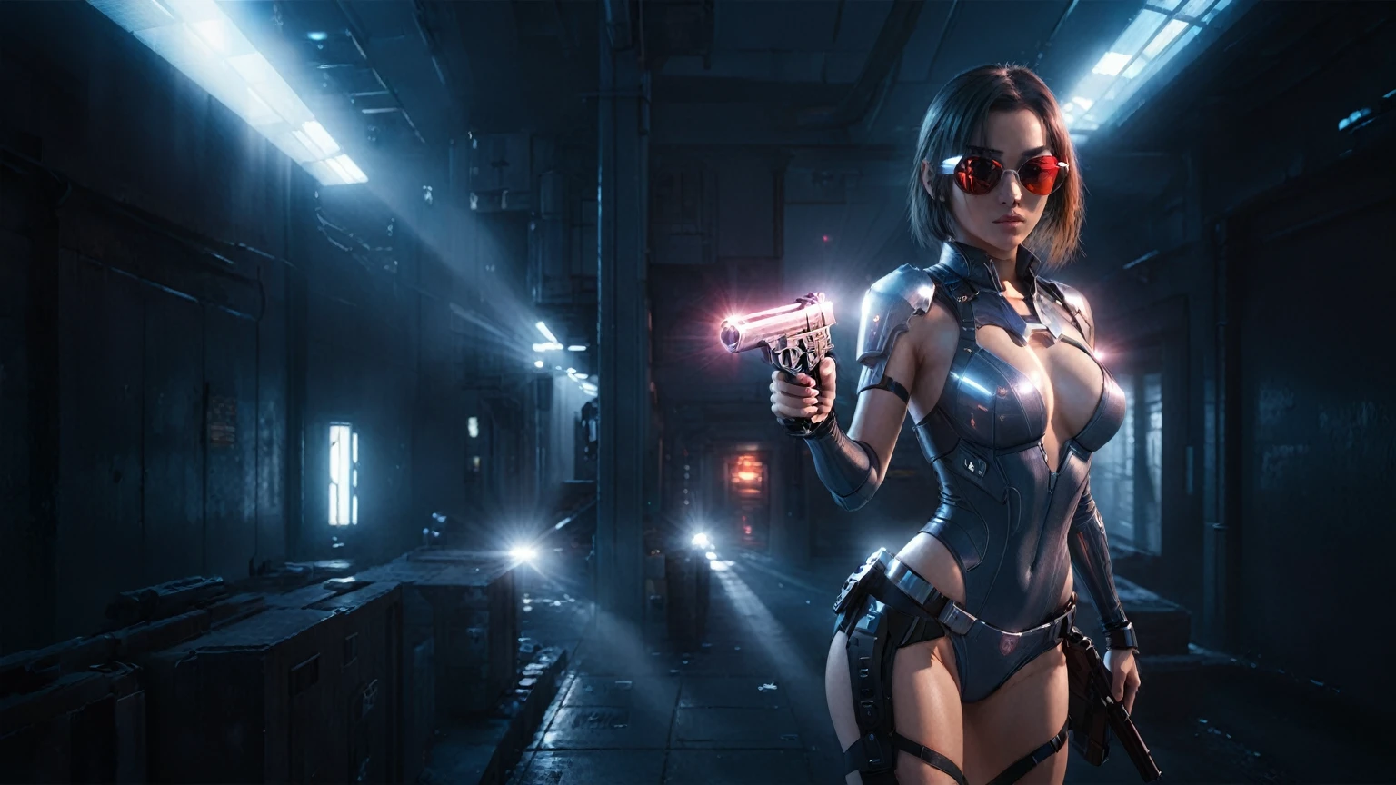 There's a cyborg woman (8k) wearing a futuristic leotard (best quality) standing in a cyberpunk city alley at night, darksynth aesthetic, red neons, haze, foggy night, ultra detailed, photorealistic, (1girl, solo, alone), large-breast:1.2 slim body, cleavage:1.1, (black sunglasses), (((she raised a pistol:1.8 and shot the viewer))), dynamic pose, (((half-body thigh level medium shot))), cinematic lighting, lens flare, ray tracing.