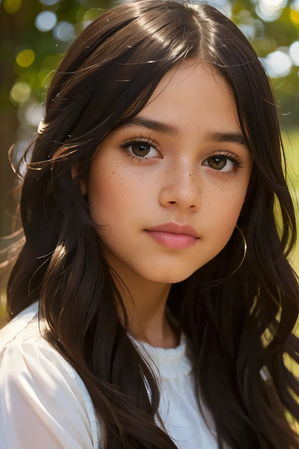 ((best quality)), ((masterpiece)), (detailed), beautiful nine year old latina girl, perfect face, calm expression, soft expression, not fully smiling, (dark brown eyes), (black eyes), photorealistic, detailed long hair, perfect lighting, (young), delicate gentle, feminine, she is beautiful, she is calm, photorealistic image, detailed long hair, perfect lighting, (young), delicate, gentle, feminine, she is beautiful, she is calm, photorealistic image, long black hair, dark brown sheen, clear brown eyes, clear black eyes, light freckles across her cheeks, long wavy hair, long curly hair, realistic, (tanned white skin)