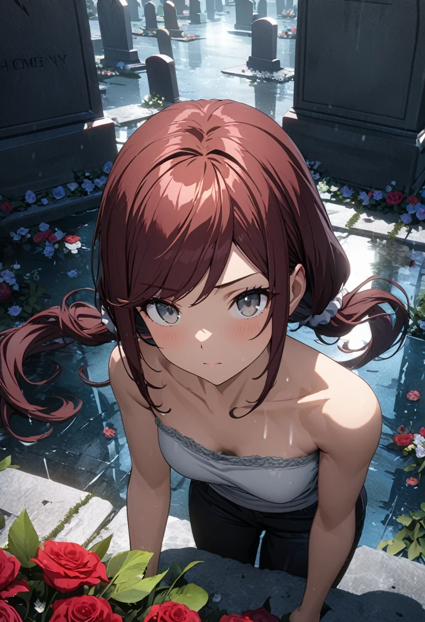 anime, ((close up, from above, gray eyes,dark red hair, swept bangs)), hair scrunchie, low twin tails, (strapless gray tank top with white trim,black jeans), graveyard, ((tombstones, laying flowers on grave, flowers, raining, puddles, reflective water)), night,(Very Thin),Swept Bangs, (Toned Arms), c (Masterpiece:1.2), Best Quality, high resolution, unity 8k wallpaper, illustration:0.8, beautiful detailed eyes:1.6, extremely detailed face, perfect lighting, extremely detailed CG, perfect hands, perfect anatomy