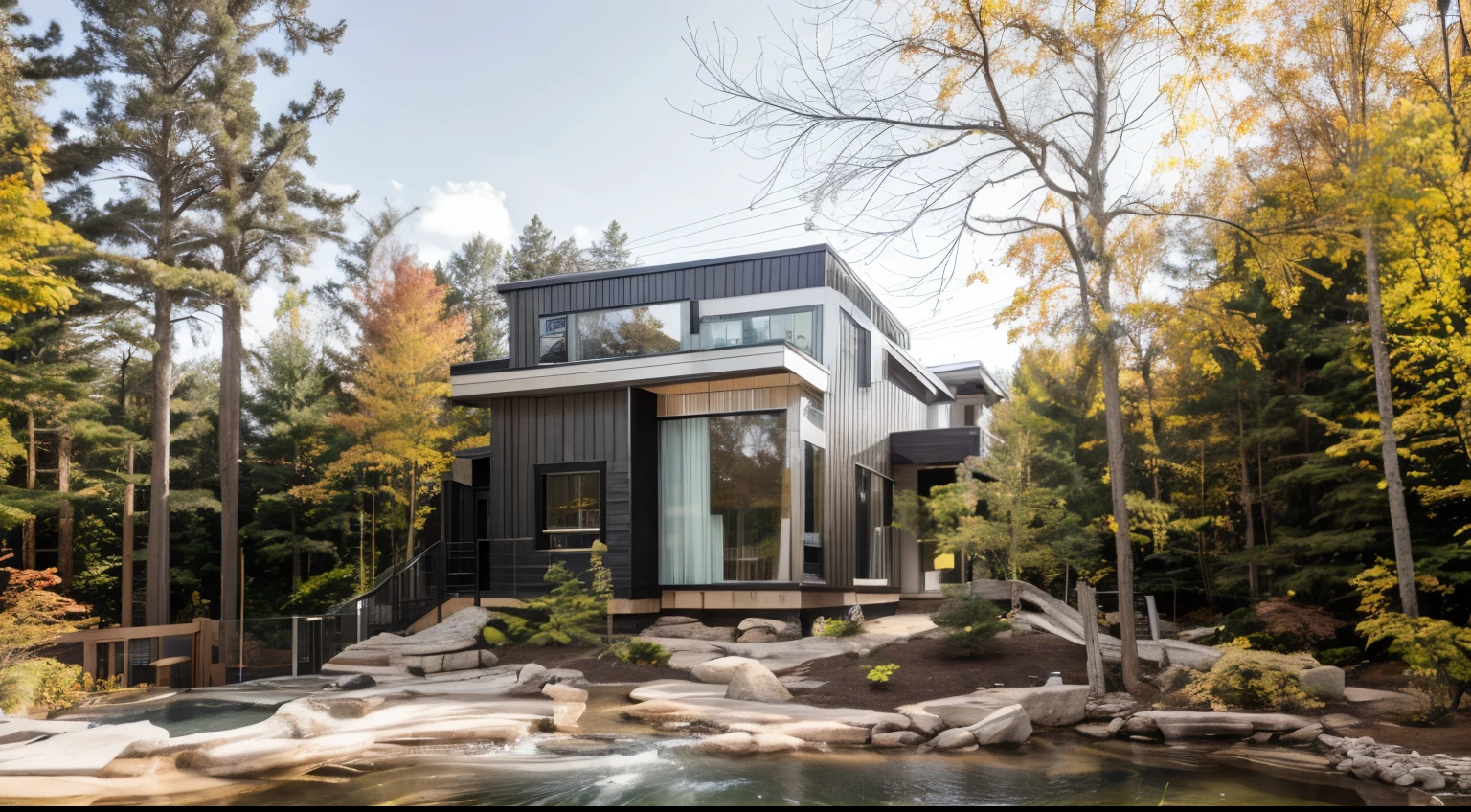 house exterior contemporary style, modernism, glass doors and windows,black metal rail, conwood ceilling, masterpiece, highquality, realistic photo, canon eos 5D mark, natural light,