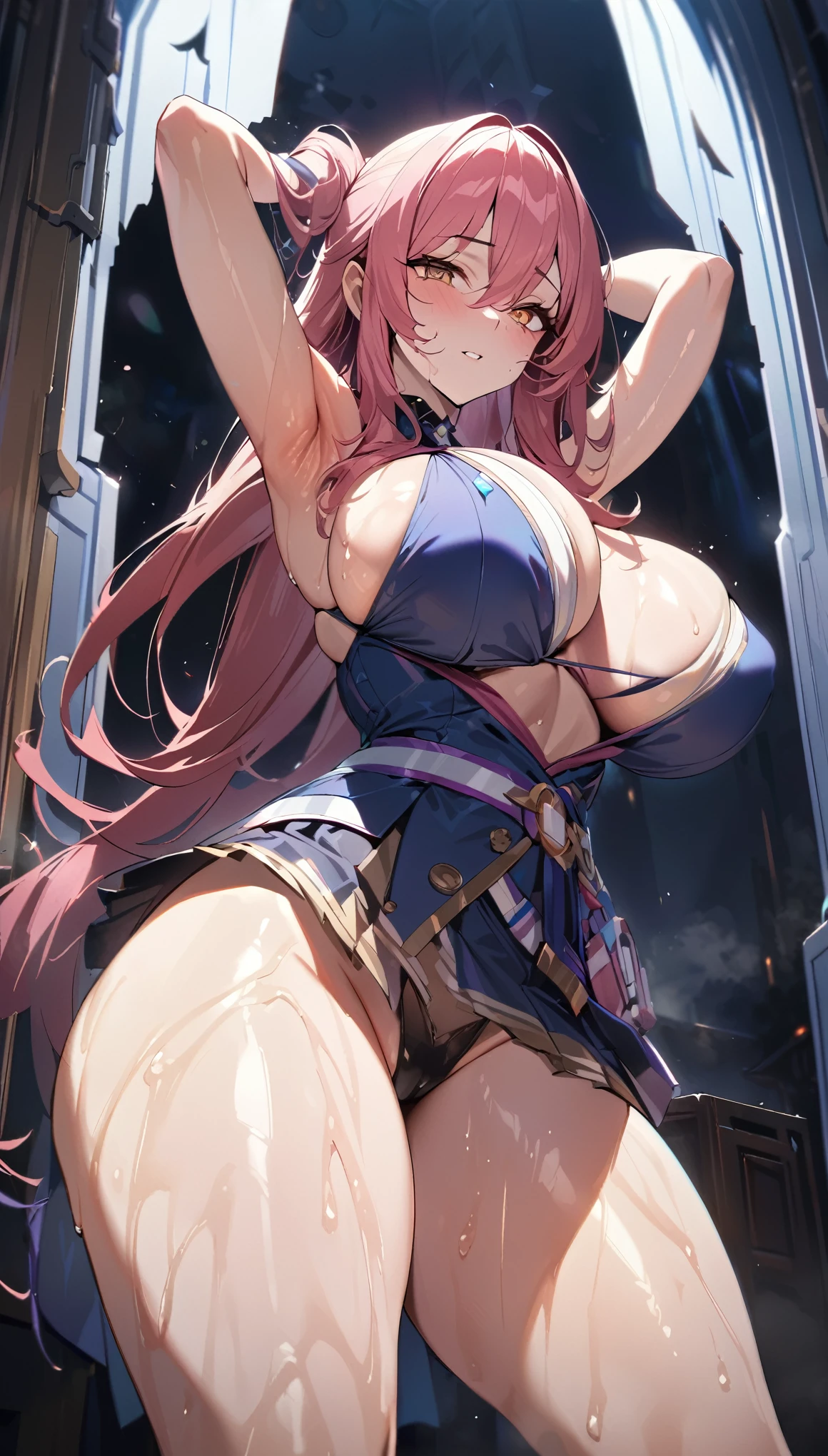 1girl,super huge breasts, pink hair,golden eyes,staring coldly,long hair, body curves, (best quality,4k,highres,masterpiece:1.2),ultra-detailed, dramatic lighting,vibrant colors,cinematic, march 7th outfit, sweaty armpits, bright skin