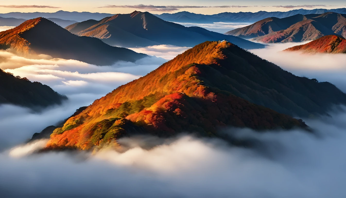 Japanese countryside, Valley, autumn, sunny, sea of clouds,morning, (Highest quality,4K,8k,High resolution,masterpiece:1.2),Very detailed,(Realistic,photoRealistic,photo-Realistic:1.37),High resolution,超High resolution,Studio Lighting,Vibrant colors,Professional