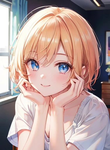 ((Highest quality, Ultra-high resolution, masterpiece:1.3)), One girl, Leaning forward, chest, chestの谷間, (short hair), (Loose fitting T-shirt, Down blouse), Beautiful Eyes, smile, (Highly detailed skin), (Detailed face), Detailed eyes, Hands in hair, In the room, Have a smartphone