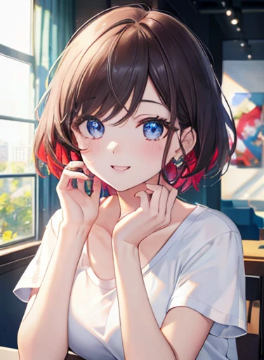 ((Highest quality, Ultra-high resolution, masterpiece:1.3)), One girl, Leaning forward, chest, chestの谷間, (short hair), (Loose fitting T-shirt, Down blouse), Beautiful Eyes, smile, (Highly detailed skin), (Detailed face), Detailed eyes, Hands in hair, In the room, Have a smartphone