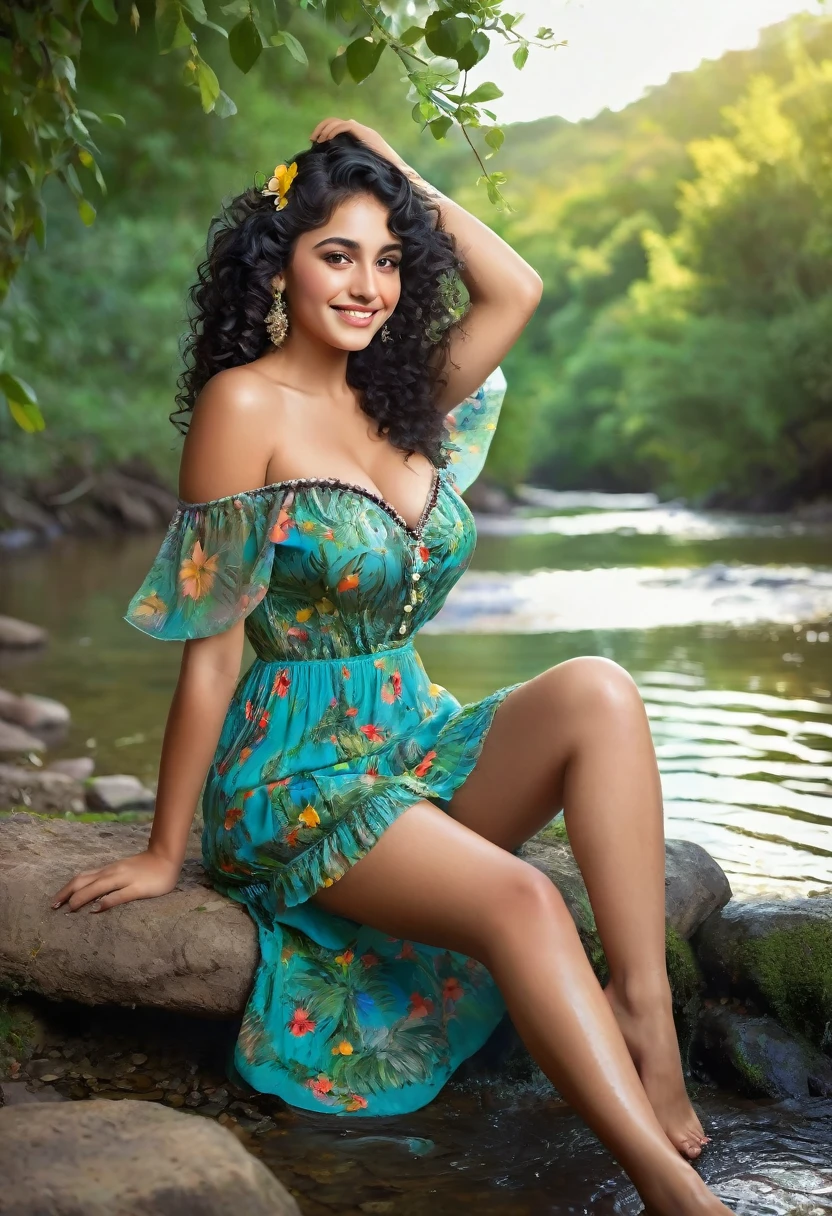 She designs a delicate and exquisitely glamorous image of a vibrant Latina girl with beautiful curly black hair (type 2a) with sweetness in her gaze, tenderness in her smile and majesty in her body expression; she combs her hair with a beautiful pearly comb and is sitting on the bank of a river that wets her shapely legs; she wears a colorful gypsy dress, with bare shoulders and a transparent neckline blouse that models her large, round and beautiful breast of wonderful hills. The environment is in a forest of exuberant and splendid greenery, with the luxuries of the trill of charming songbirds such as blackbirds and robins, with luminous beams that sneak between the branches of the leafy trees. The scene is full of cultivating and bucolic feeling with touches of sensuality and lasciviousness.