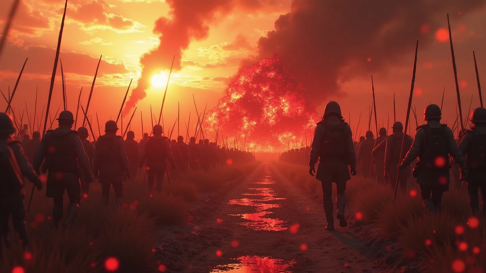 best quality，masterpiece，Ultra-high resolution, (Reality:1.4), RAW photos，War，There is blood all around，A battlefield full of，Similar to Attack on Titan