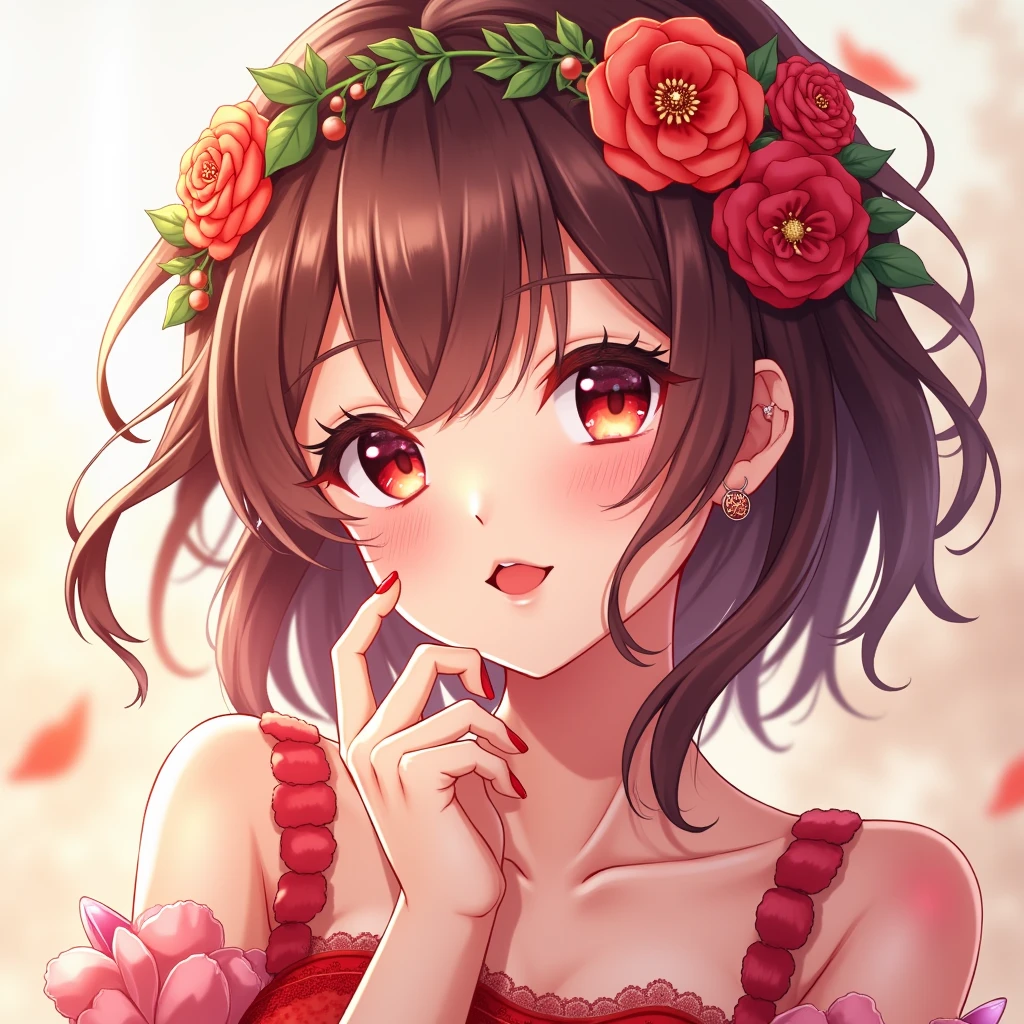 (masterpiece),(best quality:1.0), (ultra highres:1.0), detailed illustration, 8k, anime, 1girl, beautiful anime girl, wearing a red dress, flower crown, pretty face, detailed face, beautiful eyes, detailed eyes, dark red eyes, bright red lips, red lipstick, beautiful stylish hair, highlights in hair, bangs anime style, best quality, vibrant