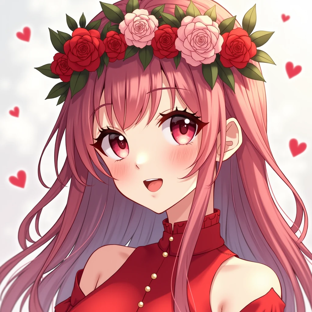 (masterpiece),(best quality:1.0), (ultra highres:1.0), detailed illustration, 8k, anime, 1girl, beautiful anime girl, wearing a red dress, flower crown, pretty face, detailed face, beautiful eyes, detailed eyes, dark red eyes, bright red lips, red lipstick, beautiful stylish hair, highlights in hair, bangs anime style, best quality, vibrant