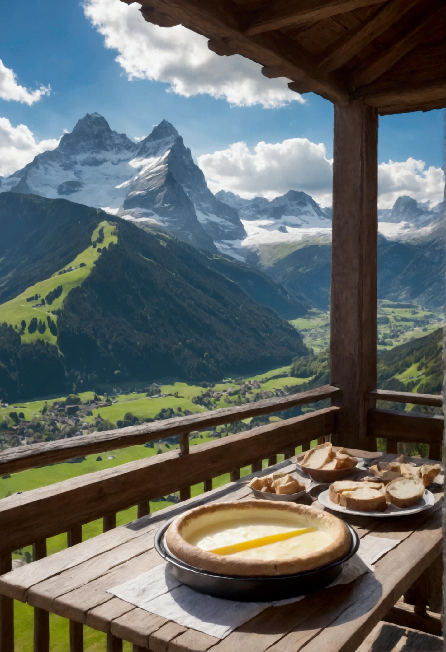 Time-lapse clouds dance across an azure Swiss sky, revealing a breathtaking Alpine panorama. Zoom in, From a sun-drenched balcony, witness snow-capped peaks, emerald valleys, and crystal lakes unfold. Swiss food vécheese fondue, bread and white wine on a rustic table in the foreground, Hyper-realistic style captures every detail—weathered wood, glistening dew, and distant cowbells echoing through crisp mountain air.
