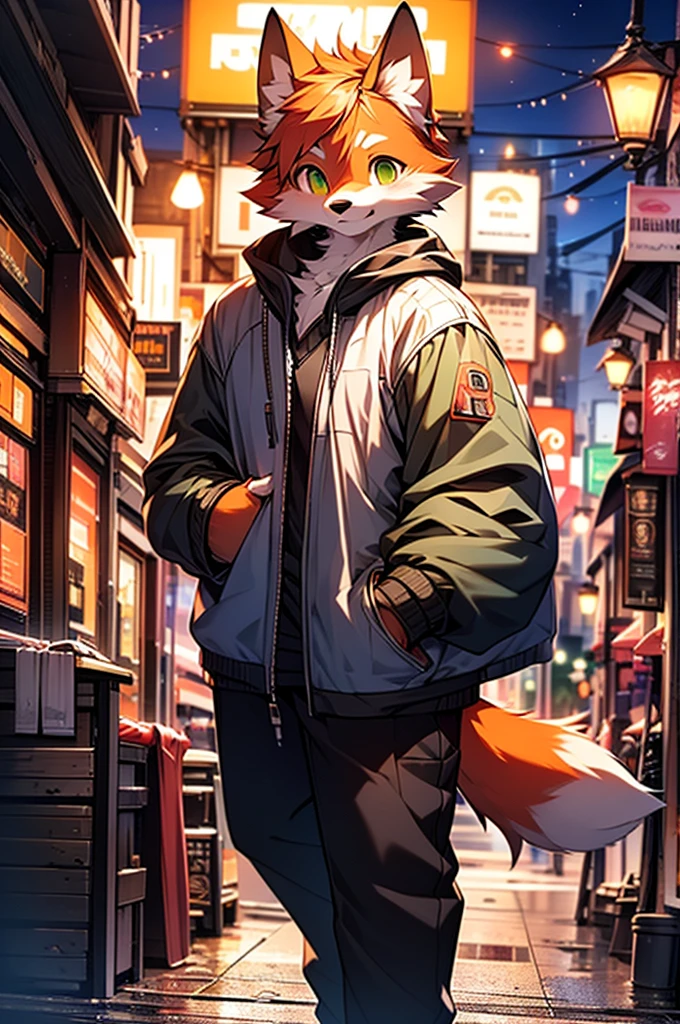 8k, Super Detail, precise, best quality，Seventeen--old  boy，orange hair，Green eyes，Wearing grey sweatshirt，Rich plush texture，Realistic style，Standing on a busy city street，night，Brightly lit，Detailed background