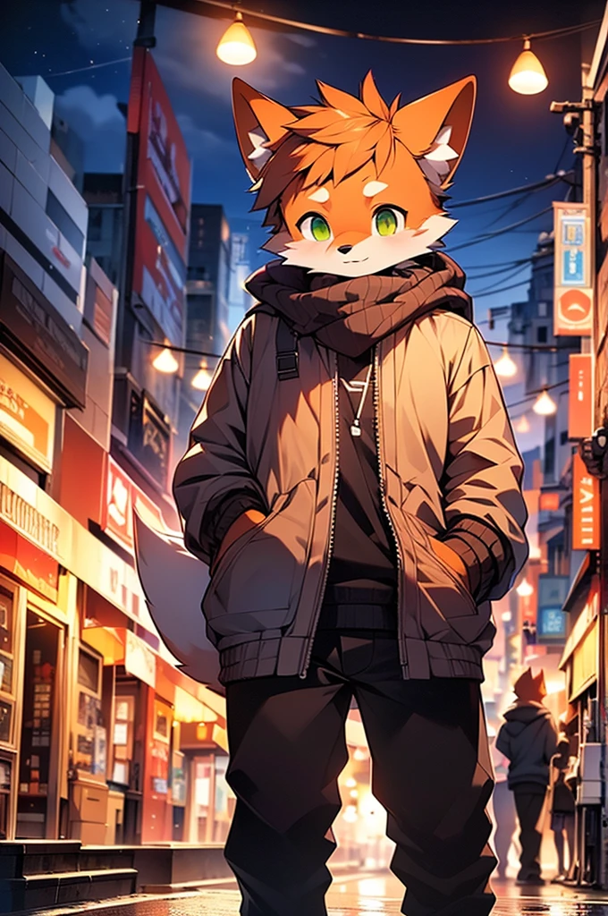 8k, Super Detail, precise, best quality,Seventeen-year-old fox boy,orange hair,Green eyes,Wearing grey sweatshirt,Rich plush texture,Realistic style,Standing on a busy city street,night,Brightly lit,Detailed background