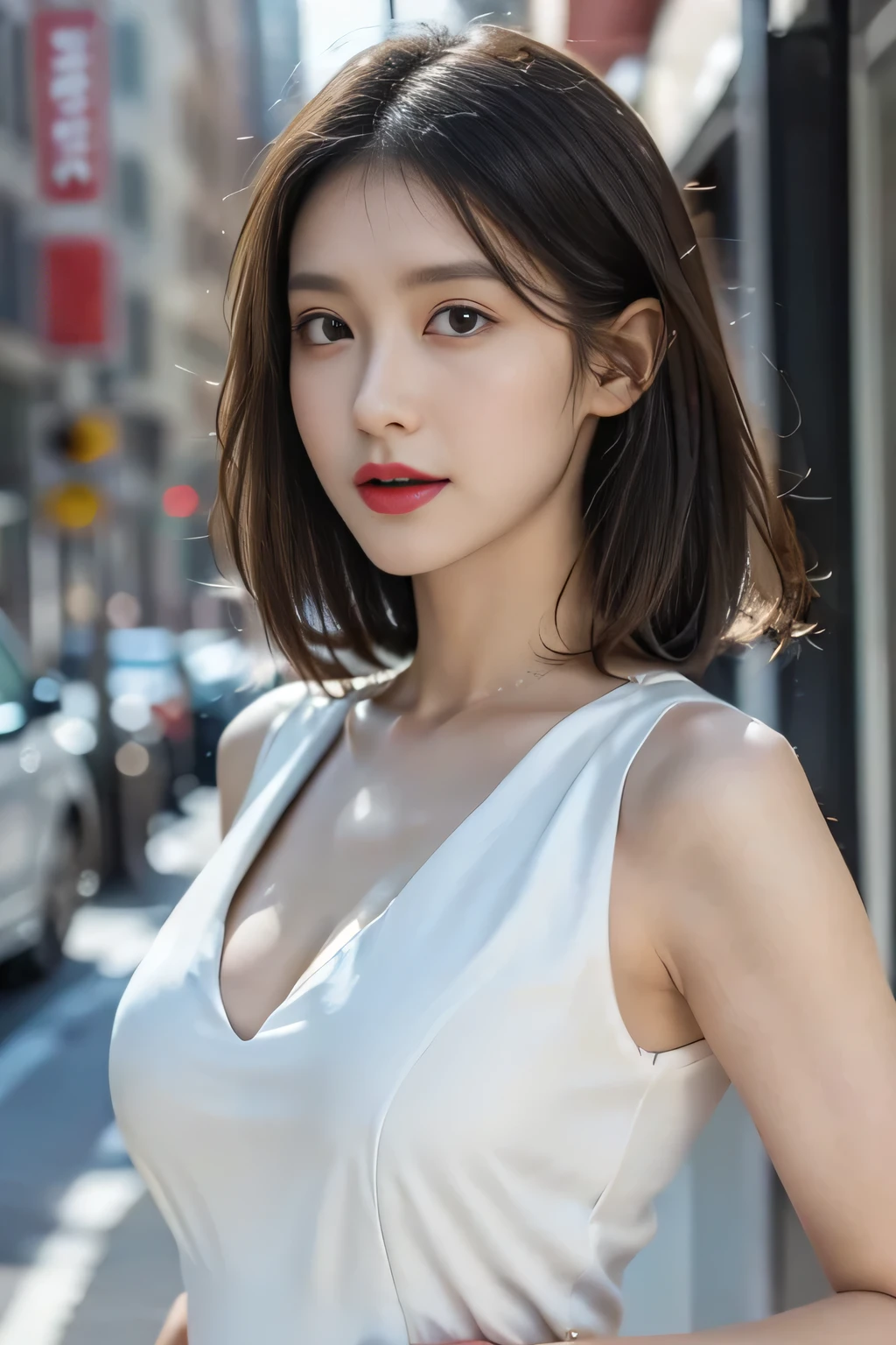 1 Beautiful woman (Single person: 1.4), (White suit: 1.4), Short brown hair, Red lips, Detailed facial features, Detailed eyes, High quality, 8k, Realistic, Masterpiece, Cinematic lighting, Face shot, (White dress: 1.5), Elegant pose, Calm expression, Diamond bracelet,Clear eyes, Front view, Smooth and white skin, Detailed skin, Detailed eyes and face (Big breasts: 0.8, Big cleavage: 0.8), No underwear: 1.5 , ((Street art background))