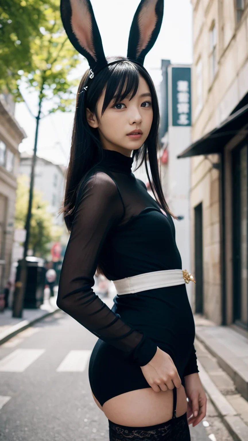 Bunny girl、A girl posing wearing rabbit ears, Wearing Atsuko Kudo's latex costume, Futuristic shiny latex suit, Wearing latex, Latex Gloss, Seductive hypnotist woman, Very sexy outfit, As a retro-future heroine, Elegant and attractive revealing cosplay, amouranth as a super villain, Slender young body, Exposed bunny girl、A big smile