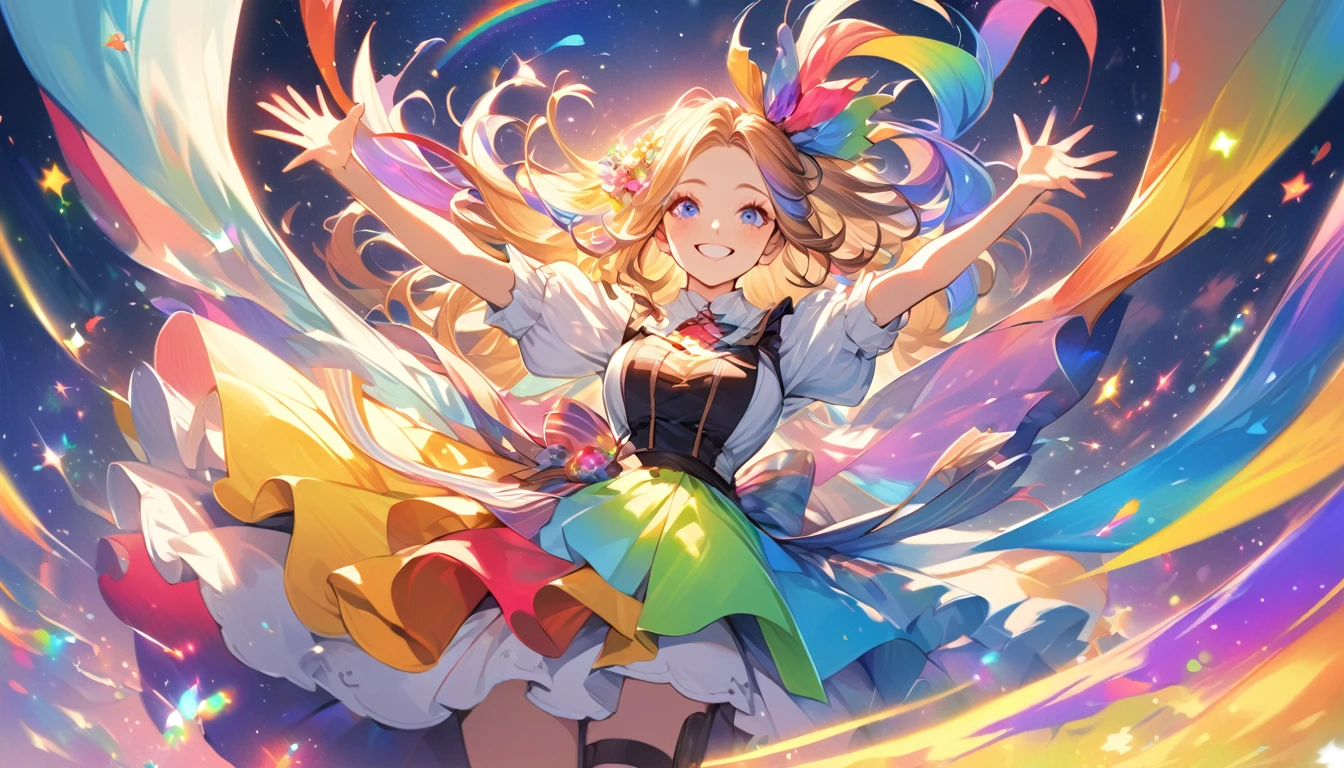 A lively girl with a big ribbon in her hair, spreading her arms wide as if welcoming everyone to "Wonderland". The background includes a sparkling sky and a rainbow-colored wind, creating a magical and vibrant feel. The girl has a wide smile, full of energy and happiness. Semi-realistic style, colorful and lively.