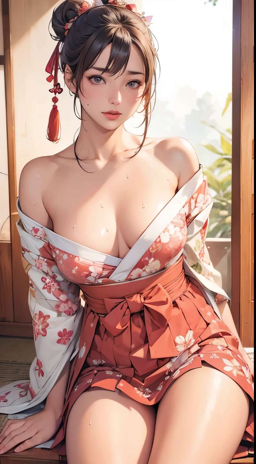masterpiece, best quality, highres, hyper realistic, ultra detailed clothes with summer floral pattern, detailed skin, rolled hair, bun, hairpin, (sweat:1.2), 1girl, detailed face, (detailed pupils, cornea, beauty irish), realistic nose, red lips, sensual lips, model lips gimmick, honoka, miko, hakama skirt, sitting, japanes shrine's gate, sad, off shoulder, (small breast:1.3), (thigh:1.4), Deep_Cleavage