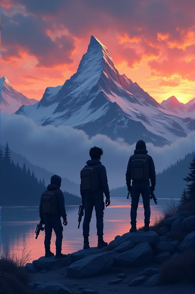 Three black teenagers with guns spotted from shore, mountain scenery adventure, cartoon, snow on the top of the mountain, twilight, Starry sky, orange sky