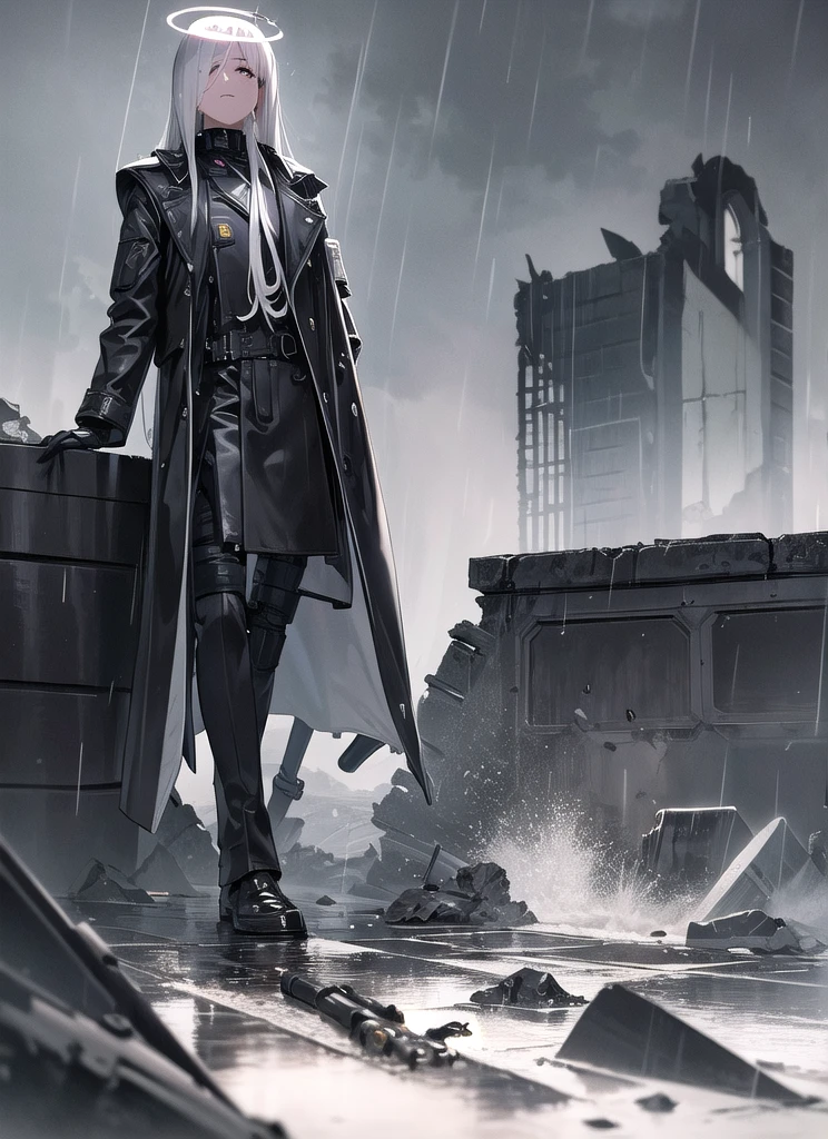 masterpiece, best quality, 1man, no eye, white hair, mechanical 3 legs, raincoat, black gloves, black coat, raining, sky, ruins, rifle, headset, rubble, android, long hair, halo,