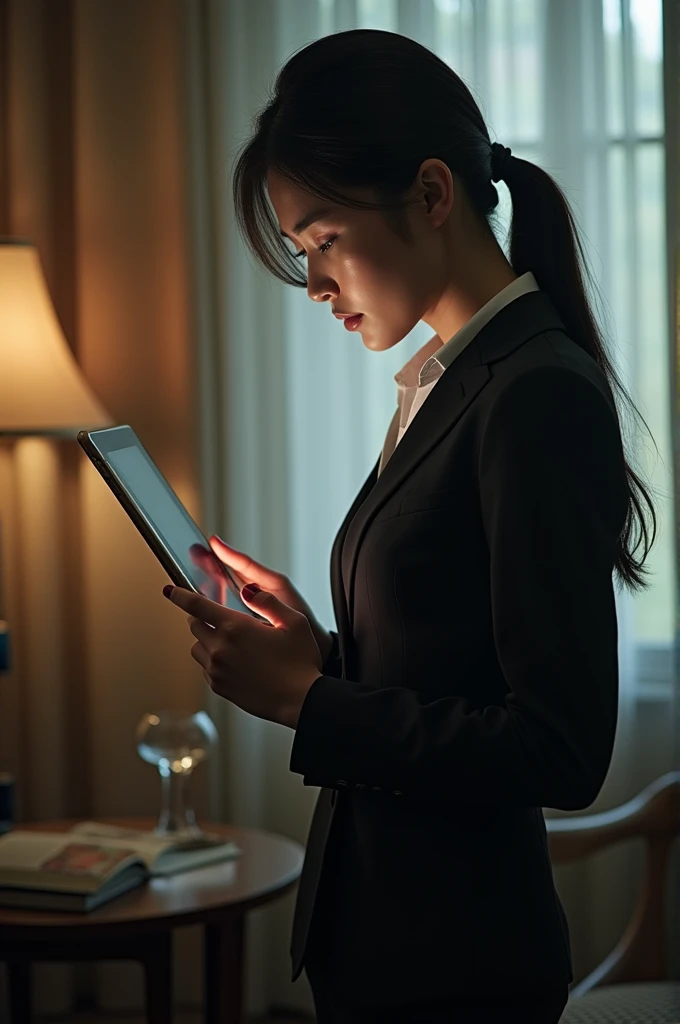 woman in suit using tablet computer in room, working, Sun Yunju, still from an action movie, Park Shin Hye as the supervillain, Complete device, using a magic tablet, Yoo Lee Ji-eun as a supervillain, profile pose, [ realistic photo ]!!, Shin Min Jung, serious matter, lazy, elegant look