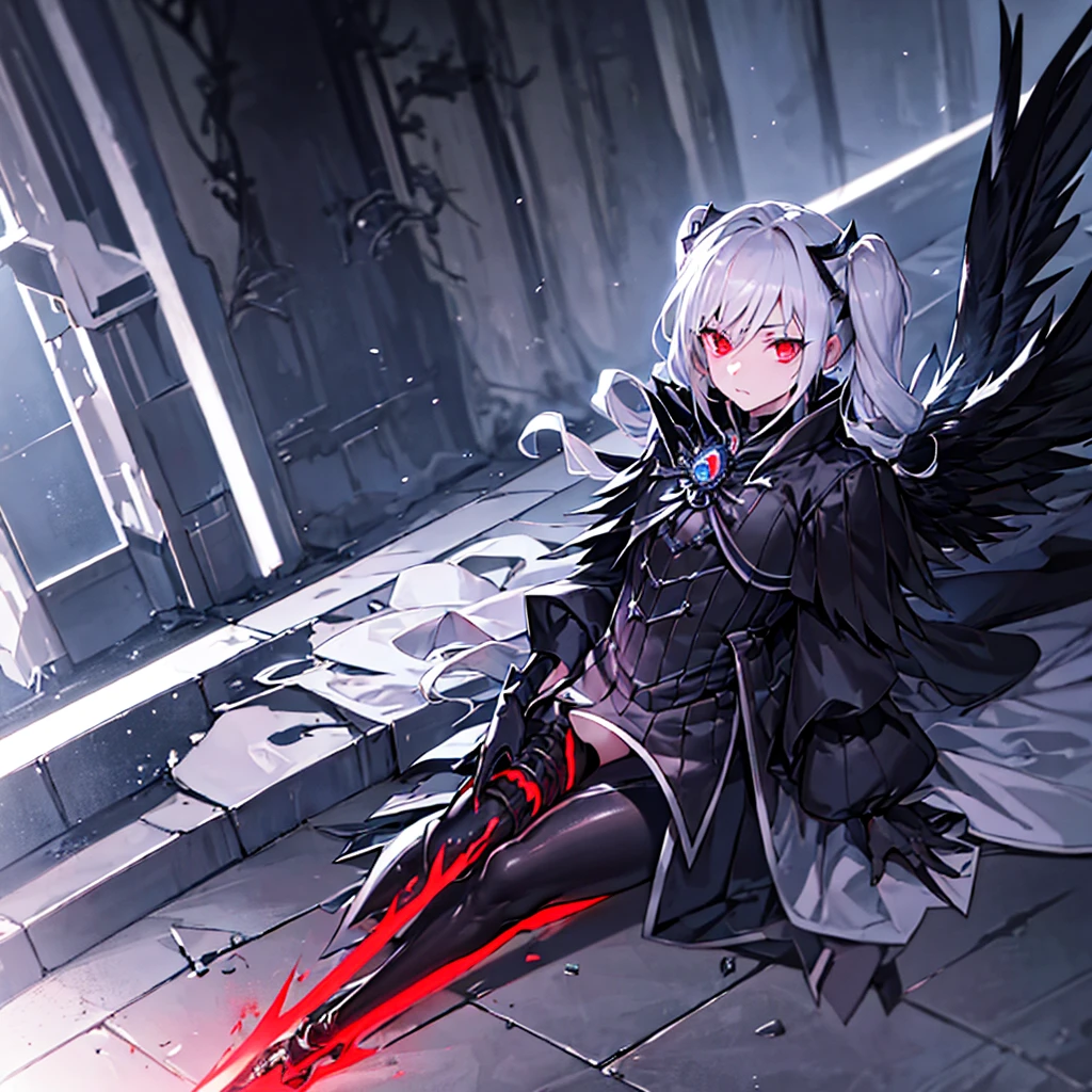 Silver Hair, Twin Drill, abyss, Big black wings, A jet black sword in one hand, Countless swords wrapped around his body, Sharp Eyes, A red light flashes in his eyes, The corners of the mouth are raised, Spread your arms, Blue Flame, In solitude