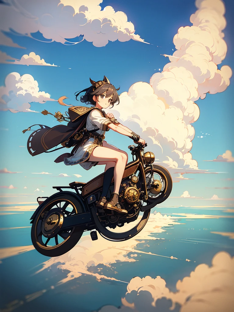 steampunk。masterpiece。Highest quality。Excessive detail。Blue sky and white clouds。(aerial photograph)。Floating Island々。Near and far in the air。(One Girl)。(steampunk風の日本の女子高生)。(Flying on a classic bike)。