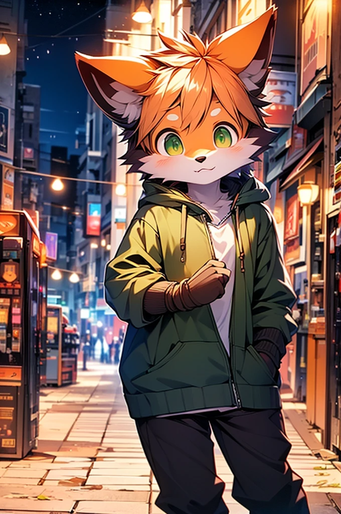 8k, Super Detail, precise, best quality,Seventeen-year-old fox boy,orange hair,Green eyes,Wearing grey sweatshirt,Rich plush texture,Realistic style,Standing on a busy city street,night,Brightly lit,Detailed background