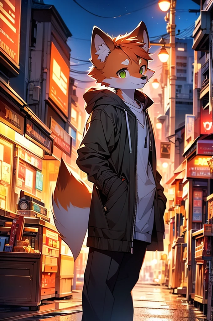 8k, Super Detail, precise, best quality，Seventeen-year-old fox boy，orange hair，Green eyes，Wearing grey sweatshirt，Rich plush texture，Realistic style，Standing on a busy city street，night，Brightly lit，Detailed background