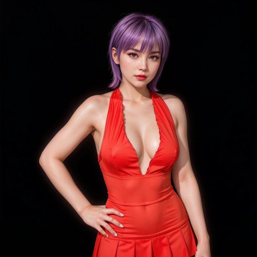 Ayane, purple hair, (best quality, ultra-detailed), (realistic:1.37), beautiful and detailed face, ultra-realistic texture, delicate face, delicate body, red lipstick, long-lasting colors. high definition, 8K. expression with a sexy look