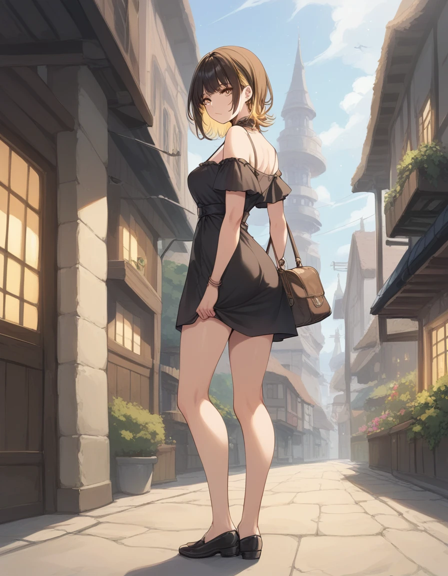 {{{{masterpiece}}}}, nsfw, BLACK Tank dress, cleavage, standing, ikaruga_luca, expressionless, full body, looking back at viewer,Neon town buildings, Night
