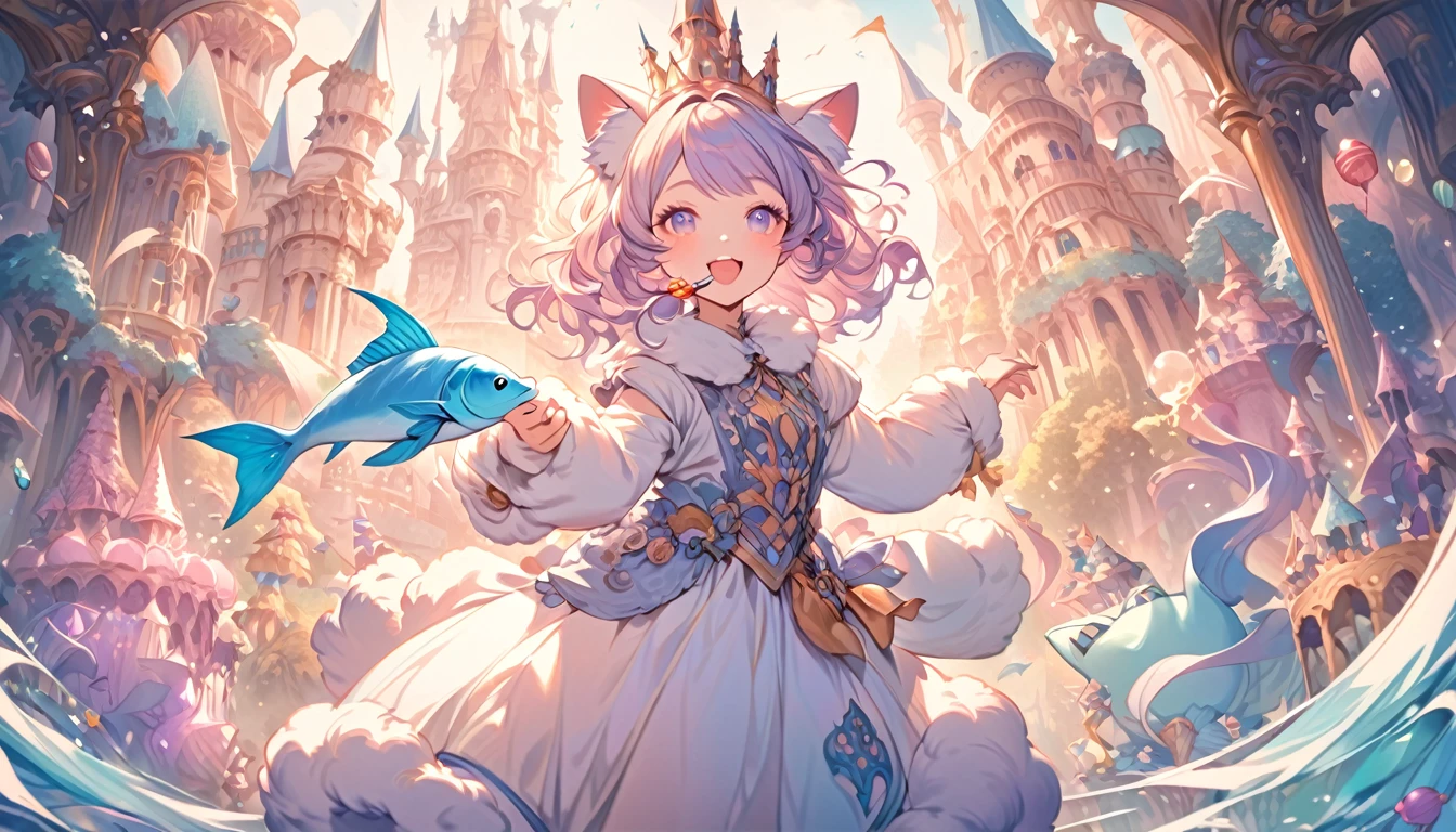 A charming girl in a fluffy cat costume, holding a fish in her mouth, joyfully dancing. The background features a whimsical candy castle, creating a dreamy and fantastical atmosphere. The girl looks extremely happy and content. Semi-realistic style, pastel colors, fantasy elements.