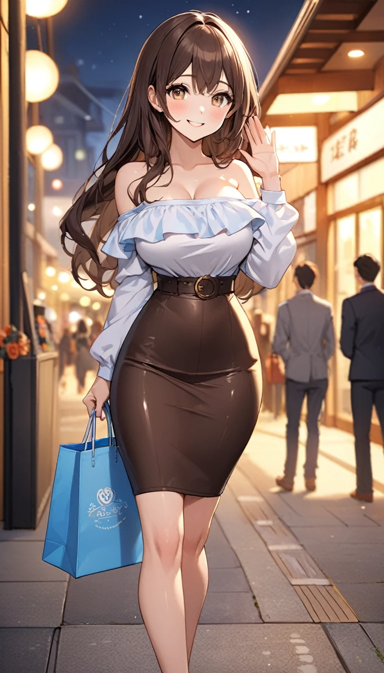 One hand is raised high and waving、masterpiece, Highest quality, Very detailed, ,The finer details, Anime Style, One Girl, 22 years old, Cute Face、Large Breasts、Big Ass、Tight waist、Dynamic Angle、full body, Long Hair、Beautiful Eyes、Dark brown hair, Shiny Hair, Light brown eyes、In front of the station in the evening、Meeting、happy smile, Tote、Cute outfit、off-the-shoulder top, hallow depth of field