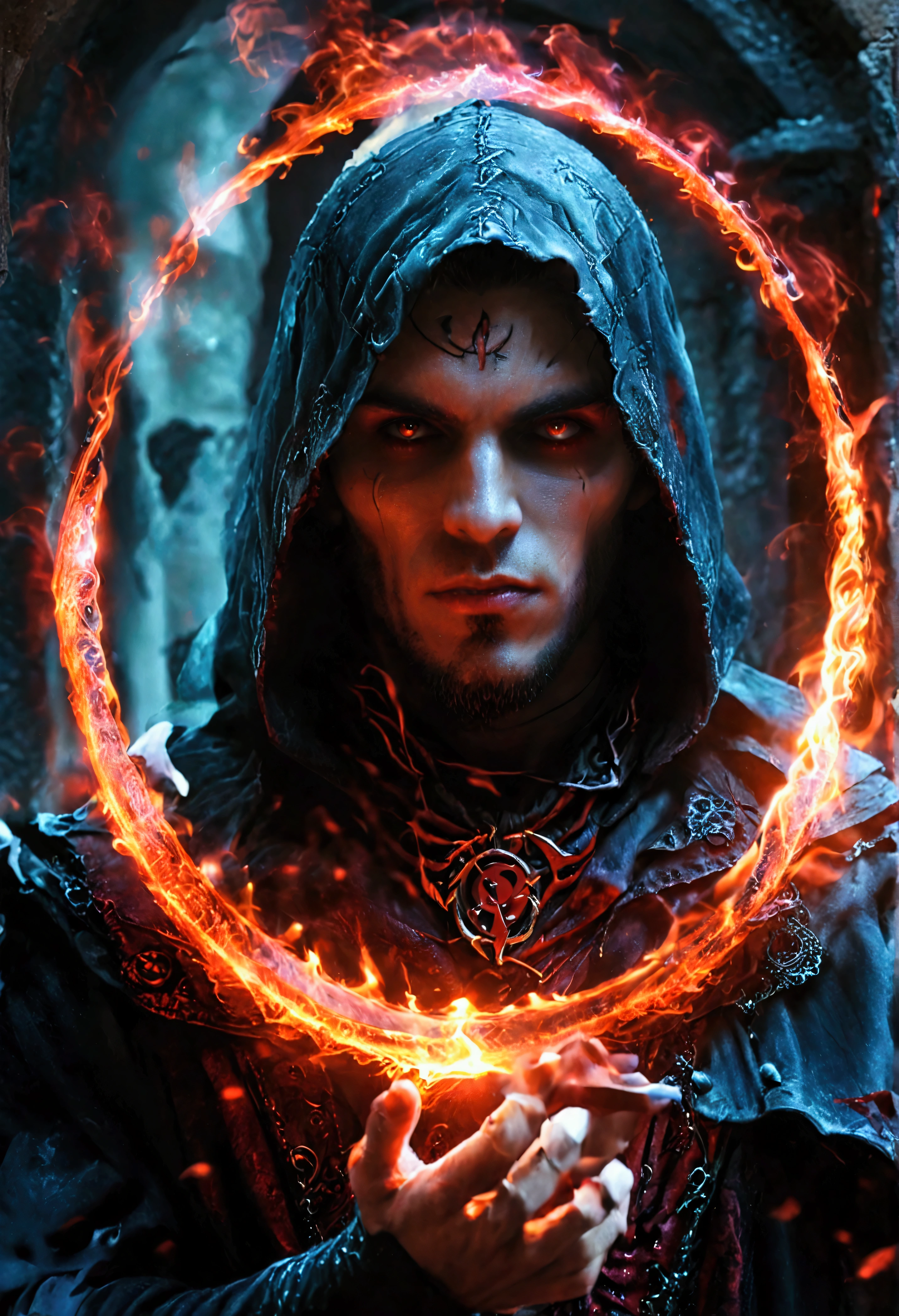 Male Dark Sorcerer, Vampire, Dark Art Magic, Magic Circle, Dark Castle, Dark Flame, Red Moon