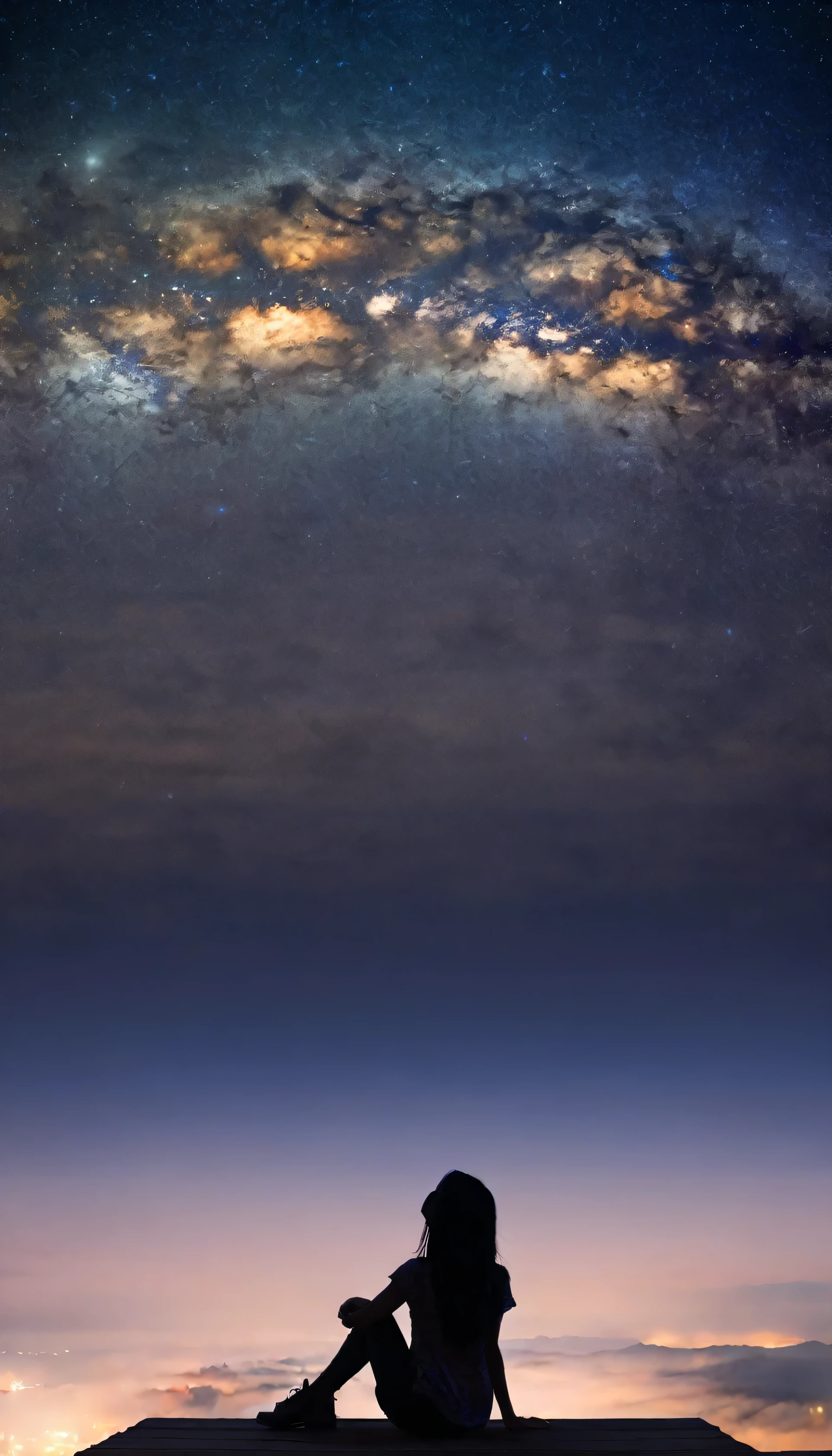 sky, star, landscape, starry sky, night, girl, night sky, solo, outdoor, signature, building, clouds, milky way, sitting, tree, long hair, city, silhouette, cityscape