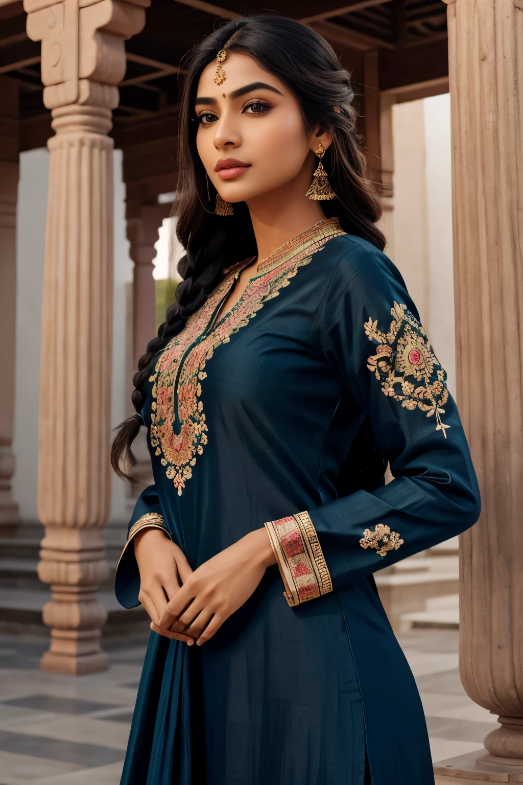 ultra-realistic photographs,Indian Instagram female model,mid 20s,9:16,mid-shot,beautiful detailed eyes,detailed lips,long eyelashes,black braided hair, naturally full eyebrows,perfectly formed nose,expressive face,attractive appearance,candid photo,vibrant and colorful salwar-kameez dress, heavily embroidered dress, temple background, serene atmosphere,stunning architecture,soft and natural lighting,vivid colors,photorealistic,HDR,highres,studio lighting,ultra-detailed,bokeh,fully covered clothes