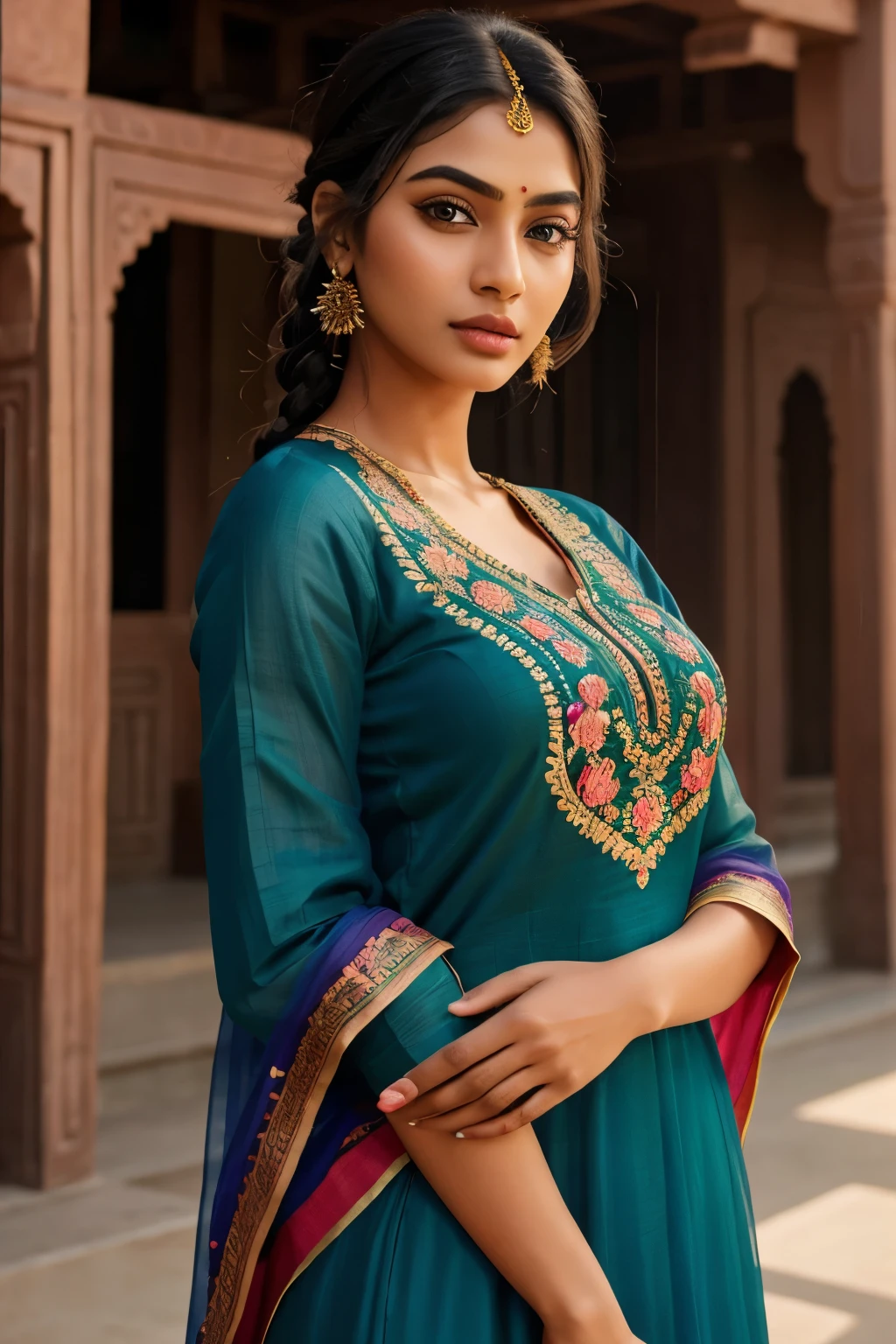 ultra-realistic photographs,Indian Instagram female model,mid 20s,9:16,mid-shot,beautiful detailed eyes,detailed lips,long eyelashes,black braided hair, naturally full eyebrows,perfectly formed nose,expressive face,attractive appearance,candid photo,vibrant and colorful salwar-kameez dress, heavily embroidered dress, temple background, serene atmosphere,stunning architecture,soft and natural lighting,vivid colors,photorealistic,HDR,highres,studio lighting,ultra-detailed,bokeh,fully covered clothes