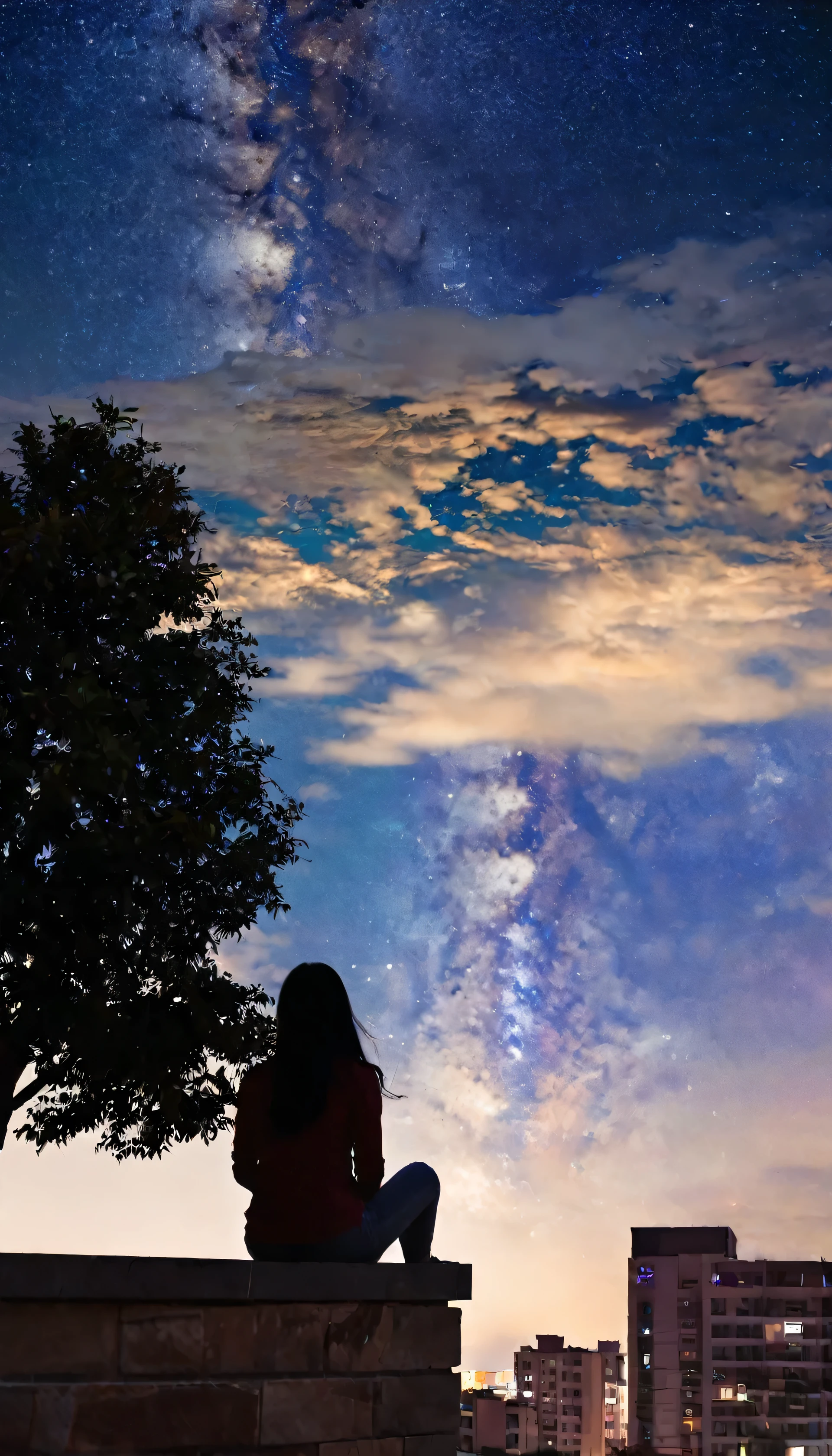 sky, star, landscape, starry sky, night, girl, night sky, solo, outdoor, signature, building, clouds, milky way, sitting, tree, long hair, city, silhouette, cityscape