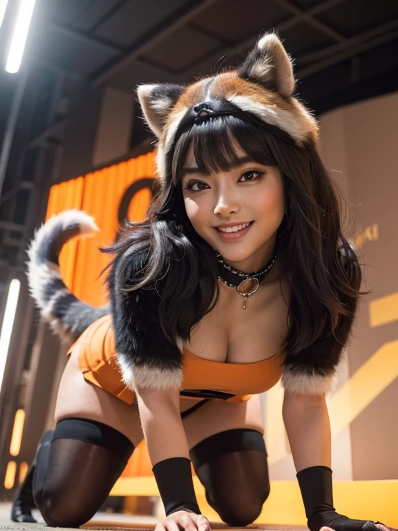 ((Highest quality, 8k)), ((masterpiece)), (Highest Resolution), Perfect Face, Raccoon Woman, Female announcer, Beautiful woman, public, One tail, she has thick thighs, Big tail, She has an orange raccoon tail., She wags her tail, smile, Fur collar, she is wearing a short skirt, Beautiful hip line, On all fours