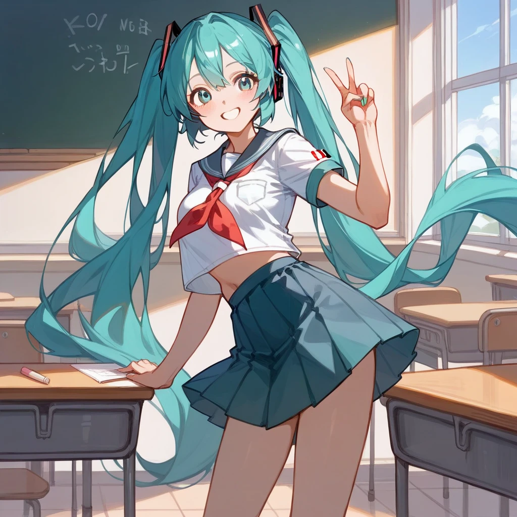 masterpiece,,Very detailed、classroom, Hatsune Miku、Very long hair、Very short dark blue skirt、Growing breasts、Summer sailor uniform、Twin tails, The body is slim,V sign、One-handed peace sign、smile